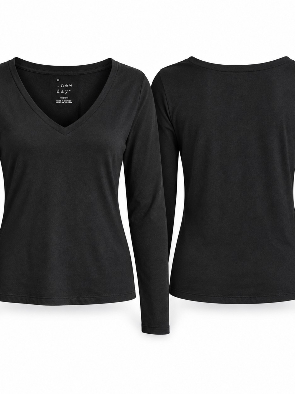 A New Day Black V-Neck Long Sleeve Top Medium Minimalist Classic Casual